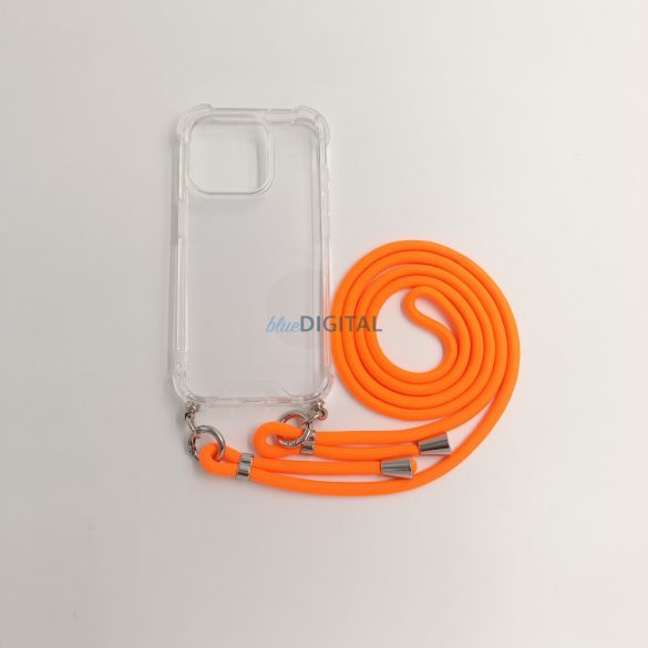 Husa transparenta TPU+PC pentru iPhone 15 Plus, portocalie. Cu snur