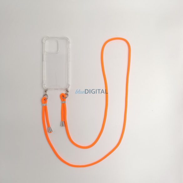 Husa transparenta TPU+PC pentru iPhone 15 Plus, portocalie. Cu snur