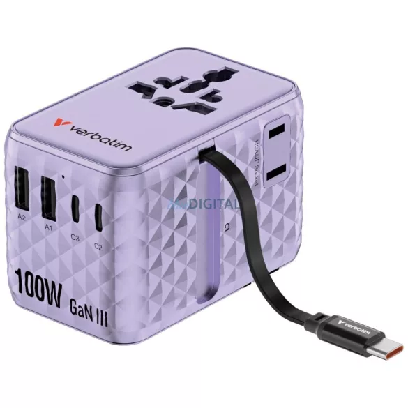 Verbatim Travel Adapter EU/UK/US GaN   2xUSB-C/2xUSB-A/1xUSB-C PD 100W purple 30193