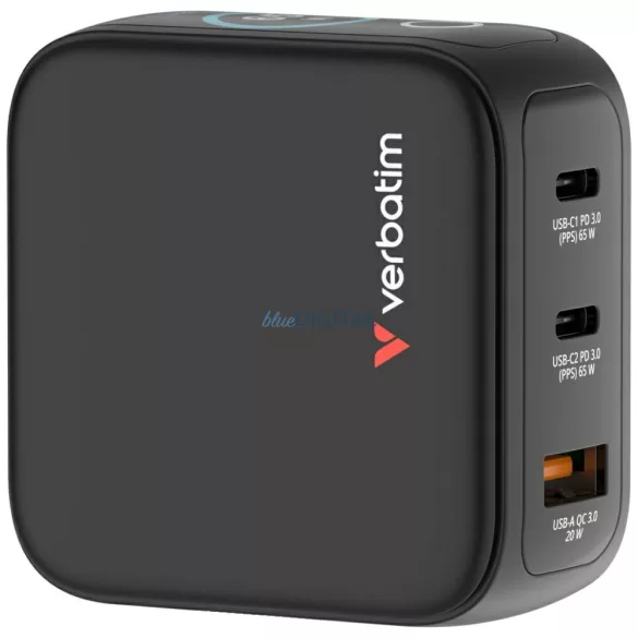 Verbatim Mini GaN mains charger 65W 2xUSB-C PD/1x USB-A QC EU/UK/USA adapter black 30238