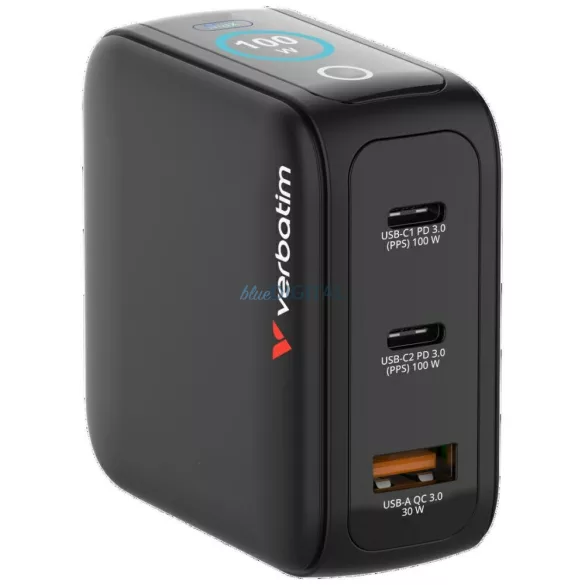 Verbatim Mini GaN mains charger 100W 2xUSB-C PD/1x USB-A QC EU/UK/USA adapter black 30239