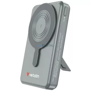 Verbatim Charge n Go mágneses vezeték nélküli powerbank 10000mAh állvánnyal TFT kijelzővel 2x USB-C kábel – szürke