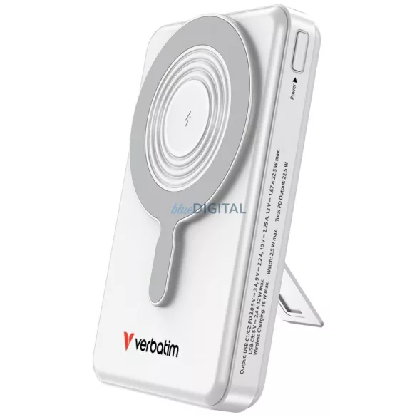 Verbatim Charge n Go mágneses vezeték nélküli powerbank 10000mAh állvánnyal TFT kijelzővel 2x USB-C kábel – ezüst