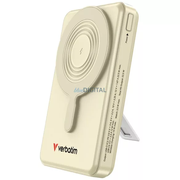 Verbatim Charge n Go mágneses vezeték nélküli powerbank 10000mAh állvánnyal TFT kijelzővel 2x USB-C kábel – arany