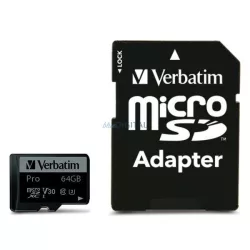 Verbatim 64GB microSD Card + Adapter Pro U3 black 47042