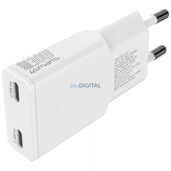 Wall charger 4smarts FlatPlug Slim Dual 30W GaN 2xUSB-C white