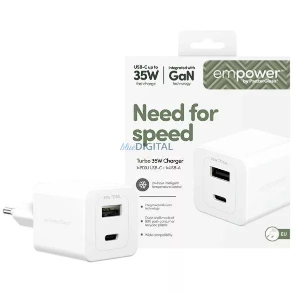 Mains charger empower by PanzerGlass Turbo 35W USB-C USB-A silver-white