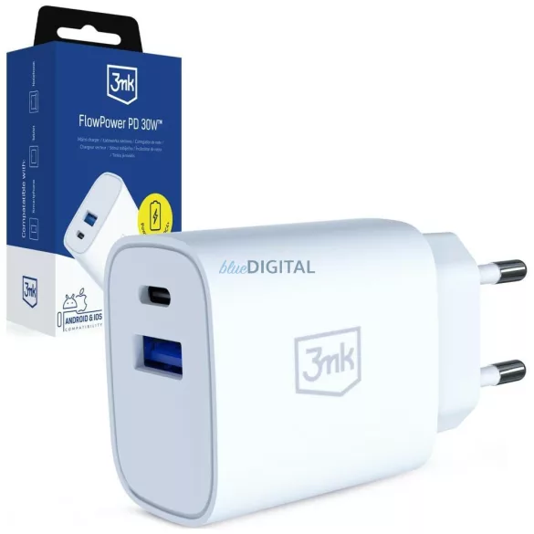 3MK FlowPower USB-A + USB-C 30W PD 3.0 QC4+ Wall Charger, White