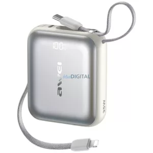Power bank Awei AS-181 10000mAh 35W USB-C + Lightning/USB-C cables silver