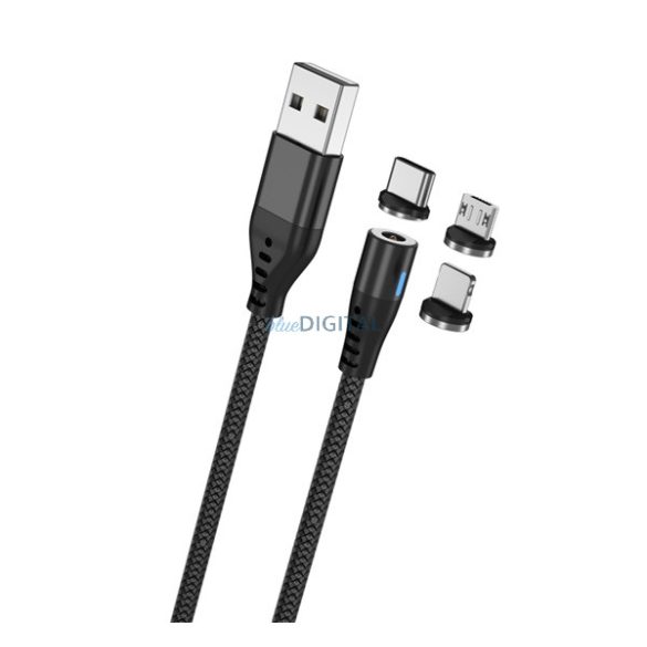 MAXLIFE Cablu de încărcare 3in1 (USB - fulger/Type-C/microUSB, 100cm, magnetic) NEGRU