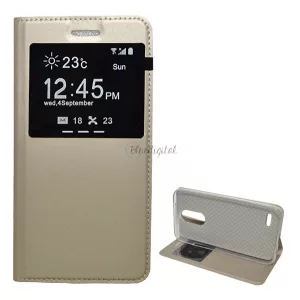 HUSĂ! - Husă în picioare, efect piele (FLIP, deschidere laterală, funcție suport pentru masă, afișare număr de telefon, fereastră) GOLD LG K4 2017 (M160)