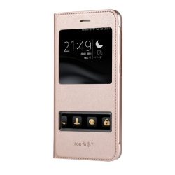   HUSĂ! - Husă în picioare, efect piele (FLIP, deschidere laterală, fereastră de vizualizare dublă) GOLD Huawei P9 Lite Mini