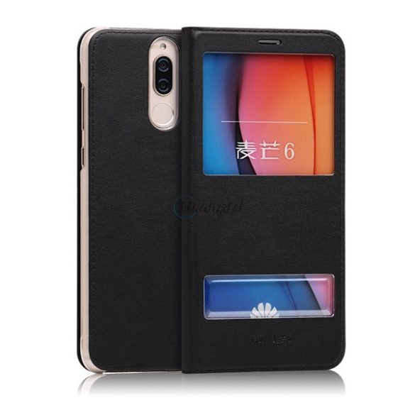Husă în picioare, efect piele (FLIP, deschidere laterală, fereastră de vizualizare dublă) NEGRU Huawei Mate 10 Lite