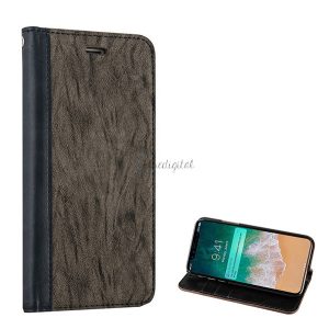Husă în picioare, efect piele (FLIP, deschidere laterală, funcție de suport pentru masă, poate fi atârnată în jurul gâtului, model cu fibre de lemn) GRI Apple iPhone X 5.8, Apple iPhone XS 5.8