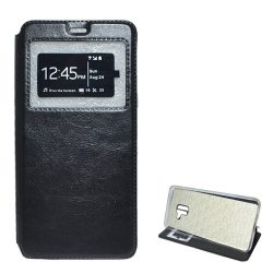   Husă în picioare, efect piele (FLIP, deschidere laterală, funcție de suport pentru desktop, afișare număr de telefon, fereastră) NEGRU Samsung Galaxy A8 Plus (2018) SM-A730F