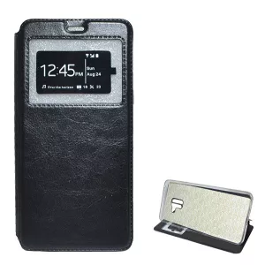 HUSĂ! - Husă în picioare, efect piele (FLIP, deschidere laterală, funcție de suport pentru desktop, afișare număr de telefon, fereastră) NEGRU Samsung Galaxy A8 Plus (2018) SM-A730F