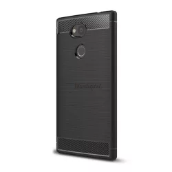   HUSĂ! - Protector de telefon din silicon (rezistență medie la impact, colț cu pernă de aer, periat, model carbon) NEGRU Sony Xperia L2 (H4311)