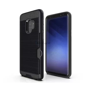 HUSĂ! - Protectie din plastic pentru telefon (interior din silicon, rezistenta medie la impact, suport card bancar, model periat) NEGRU Samsung Galaxy S9 (SM-G960)