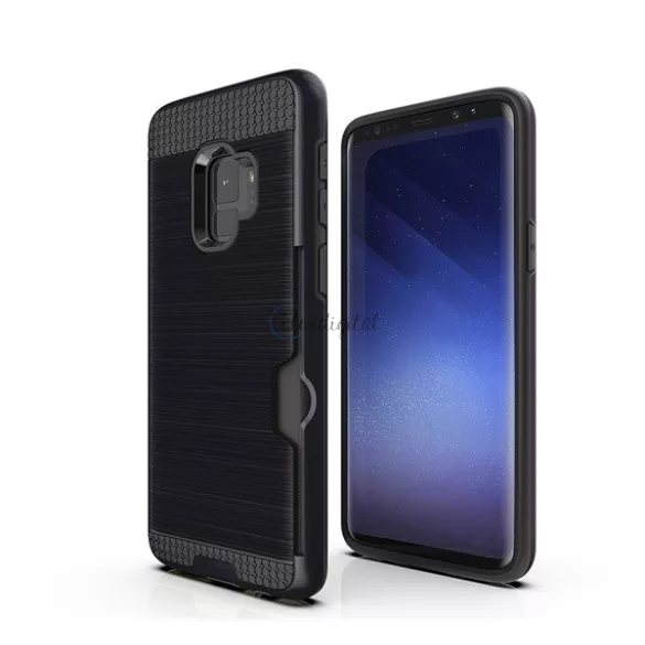 HUSĂ! - Protectie din plastic pentru telefon (interior din silicon, rezistenta medie la impact, suport card bancar, model periat) NEGRU Samsung Galaxy S9 (SM-G960)