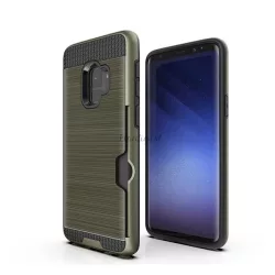   HUSĂ! - Protecție din plastic pentru telefon (interior din silicon, rezistență medie la impact, suport card bancar, model periat) VERDE ÎNCHIS Samsung Galaxy S9 (SM-G960)