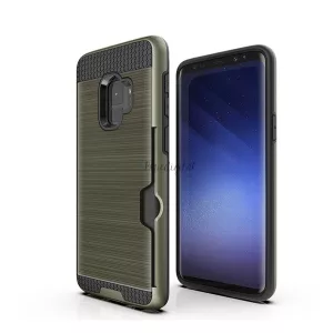 HUSĂ! - Protecție din plastic pentru telefon (interior din silicon, rezistență medie la impact, suport card bancar, model periat) VERDE ÎNCHIS Samsung Galaxy S9 (SM-G960)