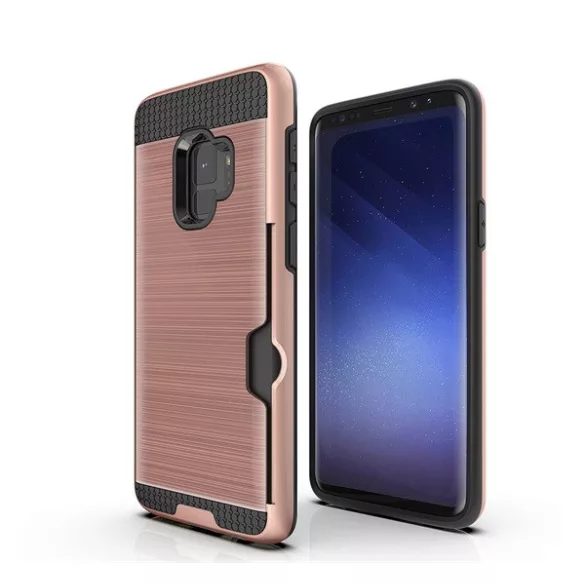 HUSĂ! - Protectie din plastic pentru telefon (interior din silicon, rezistenta medie la impact, suport card bancar, model periat) ROSE GOLD Samsung Galaxy S9 (SM-G960)