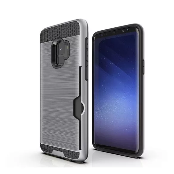 HUSĂ! - Protectie din plastic pentru telefon (interior din silicon, rezistenta medie la impact, suport card bancar, model periat) ARGINTIE Samsung Galaxy S9 (SM-G960)