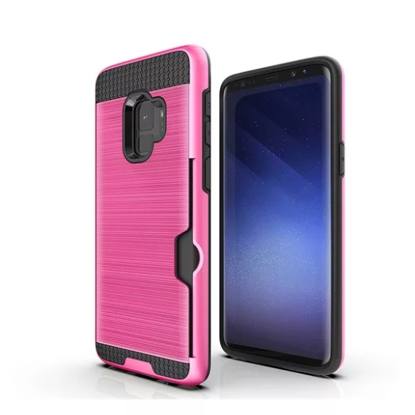 HUSĂ! - Protectie din plastic pentru telefon (interior din silicon, rezistenta medie la impact, suport card bancar, model periat) ROZ Samsung Galaxy S9 (SM-G960)