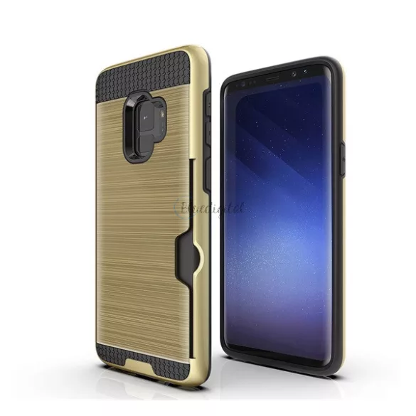 HUSĂ! - Protecție din plastic pentru telefon (interior din silicon, rezistență medie la impact, suport card bancar, model periat) GOLD Samsung Galaxy S9 (SM-G960)