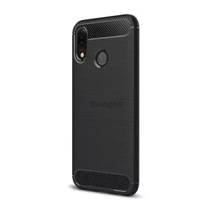 HUSĂ! - Protectie din silicon pentru telefon (rezistenta medie la impact, colt cu perna de aer, periat, model carbon) NEGRU Huawei P20 Lite