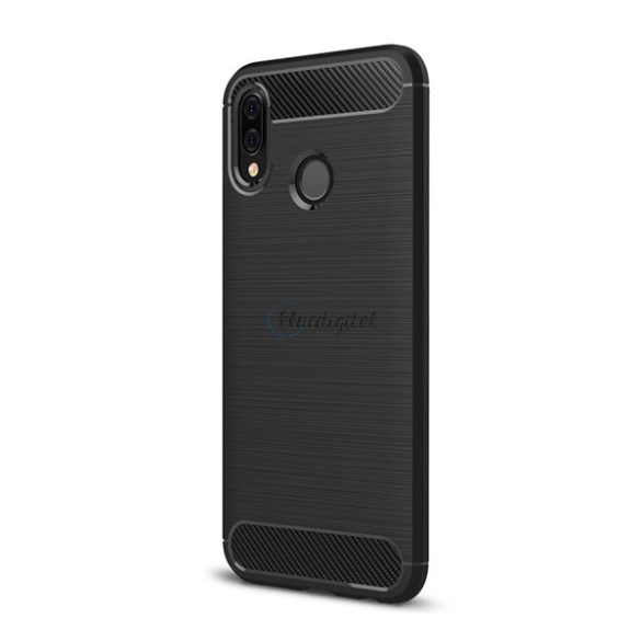 HUSĂ! - Protectie din silicon pentru telefon (rezistenta medie la impact, colt cu perna de aer, periat, model carbon) NEGRU Huawei P20 Lite