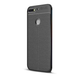   HUSĂ! - Protectie de telefon din silicon (rezistenta medie la impact, efect piele, model de cusaturi) NEGRU Huawei Y7 Prime 2018 (Y7 2018)