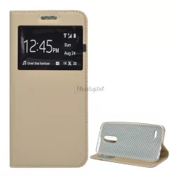  HUSĂ! - Carcasa in picioare, efect piele (FLIP, deschidere laterala, functie suport de masa, fereastra de vizualizare) GOLD LG K9 K350 (K8 2018)