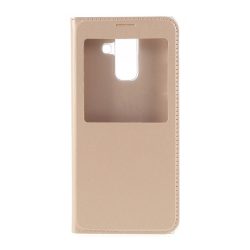   Husă în picioare, efect piele (FLIP, deschidere laterală, fereastră de vizualizare) GOLD Samsung Galaxy A6+ (2018) SM-A605F