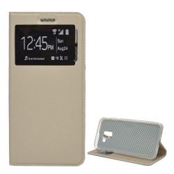   HUSĂ! - Carcasă în picioare, efect piele (FLIP, deschidere laterală, funcție de suport pentru desktop, fereastră de vizualizare) GOLD Samsung Galaxy J6 (2018) SM-J600F