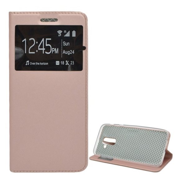 Husă stativă, efect piele (FLIP, deschidere laterală, desktop, View Window) GOLDEN Samsung Galaxy A6+ (2018) SM-A605F