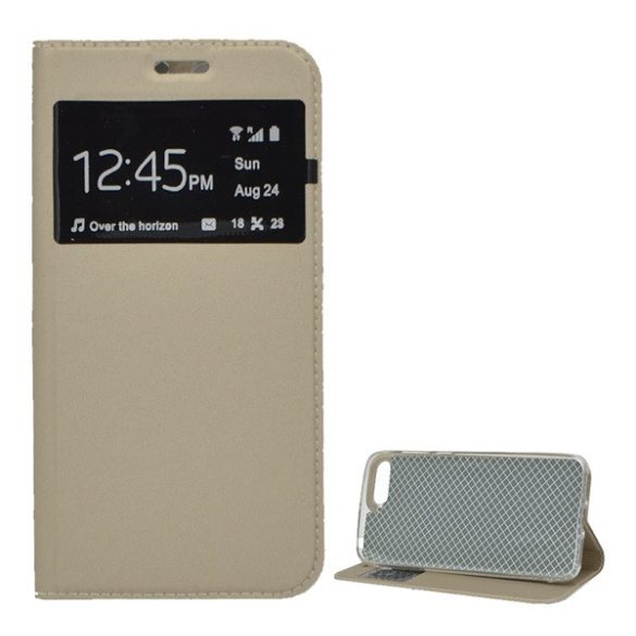 Husă în picioare, efect piele (FLIP, deschidere laterală, funcție suport pentru masă, fereastră de vizualizare) GOLD Huawei Y6 (2018)