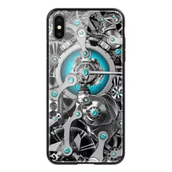   HUSĂ! - Cadru din silicon de protecție pentru telefon NILLKIN SPACETIME (BUMPER, rezistență medie la impact, spate din sticlă călită, model roată) NEGRU Apple iPhone XS Max 6.5