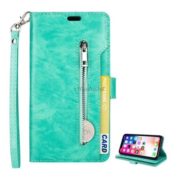Husă în picioare, efect piele (FLIP, deschidere laterală, funcție de suport pentru birou, portofel cu fermoar, curea de mână) CYAN Apple iPhone XS Max 6.5