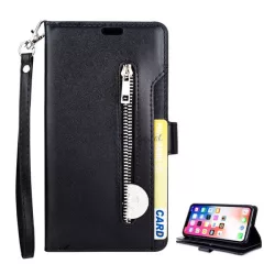   HUSĂ! - Husă în picioare, efect piele (FLIP, deschidere laterală, funcție de suport pentru masă, portofel cu fermoar, curea de mână) NEGRU Apple iPhone XS Max 6.5