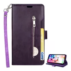   HUSĂ! - Husă în picioare, efect piele (FLIP, deschidere laterală, funcție de suport pentru masă, portofel cu fermoar, curea de mână) PURPLE Apple iPhone XS Max 6.5