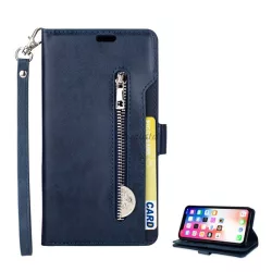   HUSĂ! - Husă în picioare, efect piele (FLIP, deschidere laterală, funcție de suport pentru birou, portofel cu fermoar, curea de mână) ALBASTRU ÎNCHIS Apple iPhone XS Max 6.5