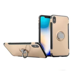   HUSĂ! - Protectie din plastic pentru telefon (cadru din silicon, functie de suport de birou, inel de suport pentru telefon, placa metalica incorporata, model carbon) GOLD Apple iPhone XS Max 6.5