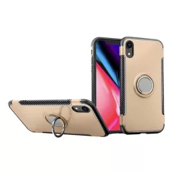   HUSĂ! - Protecție din plastic pentru telefon (cadru din silicon, suport desktop, inel suport telefon, placă metalică încorporată, model de carbon) GOLD Apple iPhone XR 6.1