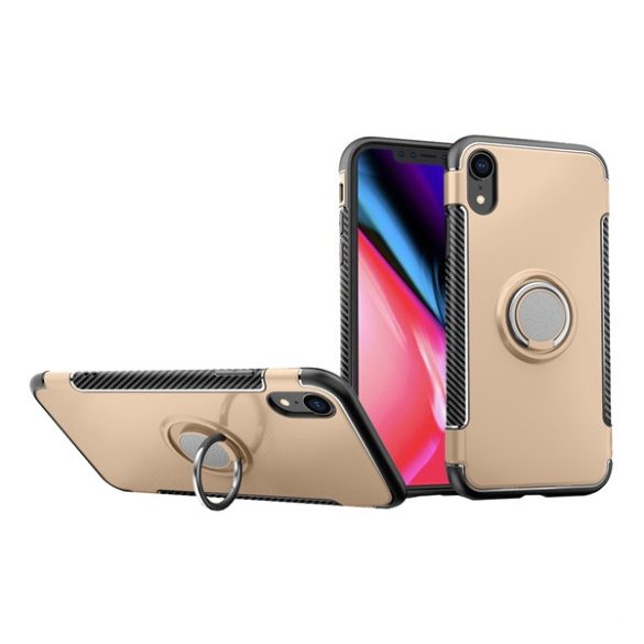 Protecție din plastic pentru telefon (cadru din silicon, suport desktop, inel suport telefon, placă metalică încorporată, model de carbon) GOLD Apple iPhone XR 6.1