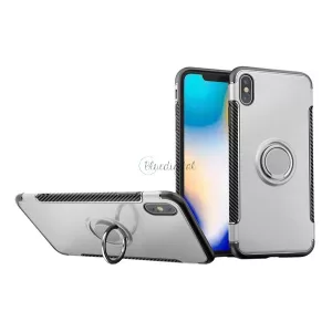 HUSĂ! - Protectie din plastic pentru telefon (cadru din silicon, functie de suport de birou, inel de suport pentru telefon, placa metalica incorporata, model carbon) SILVER Apple iPhone XS Max 6.5
