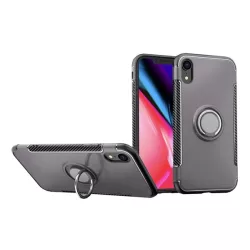   HUSĂ! - Protecție din plastic pentru telefon (cadru din silicon, suport desktop, inel suport telefon, placă metalică încorporată, model de carbon) GREY Apple iPhone XR 6.1