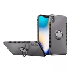  HUSĂ! - Protecție din plastic pentru telefon (cadru din silicon, suport desktop, inel suport telefon, placă metalică încorporată, model de carbon) GREY Apple iPhone XS Max 6.5