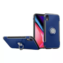   HUSĂ! - Protecție din plastic pentru telefon (cadru din silicon, suport desktop, inel pentru telefon, placă metalică încorporată, model de carbon) BUTTON albastruApple iPhone XR 6.1