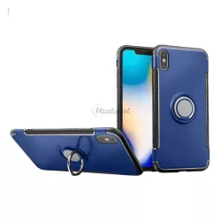   HUSĂ! - Protectie din plastic pentru telefon (cadru din silicon, suport de masa, inel suport telefon, placa metalica incorporata, model carbon) ALBASTRU INCHIS Apple iPhone XS Max 6.5